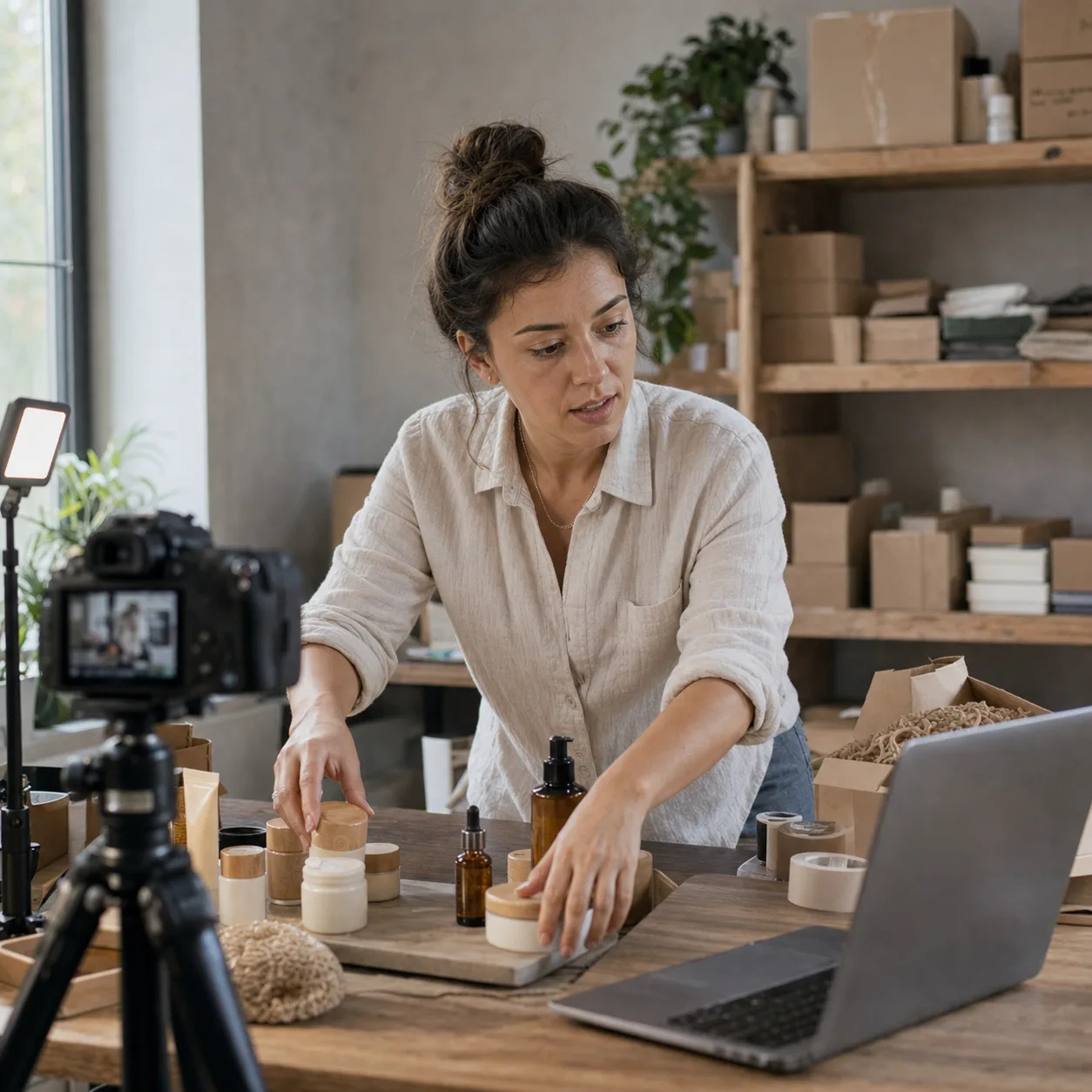 新商品の動画のために商品を撮影するD2Cブランドの創業者